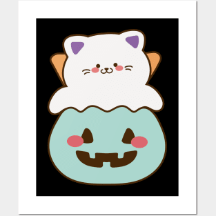 Baby cute ghost cat with pumpkin Posters and Art